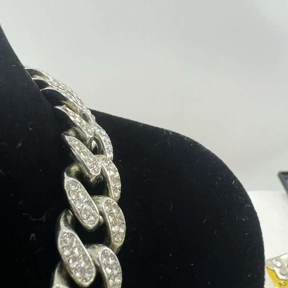 Miami Cuban Link Silver tone with rhinestones Necklace.